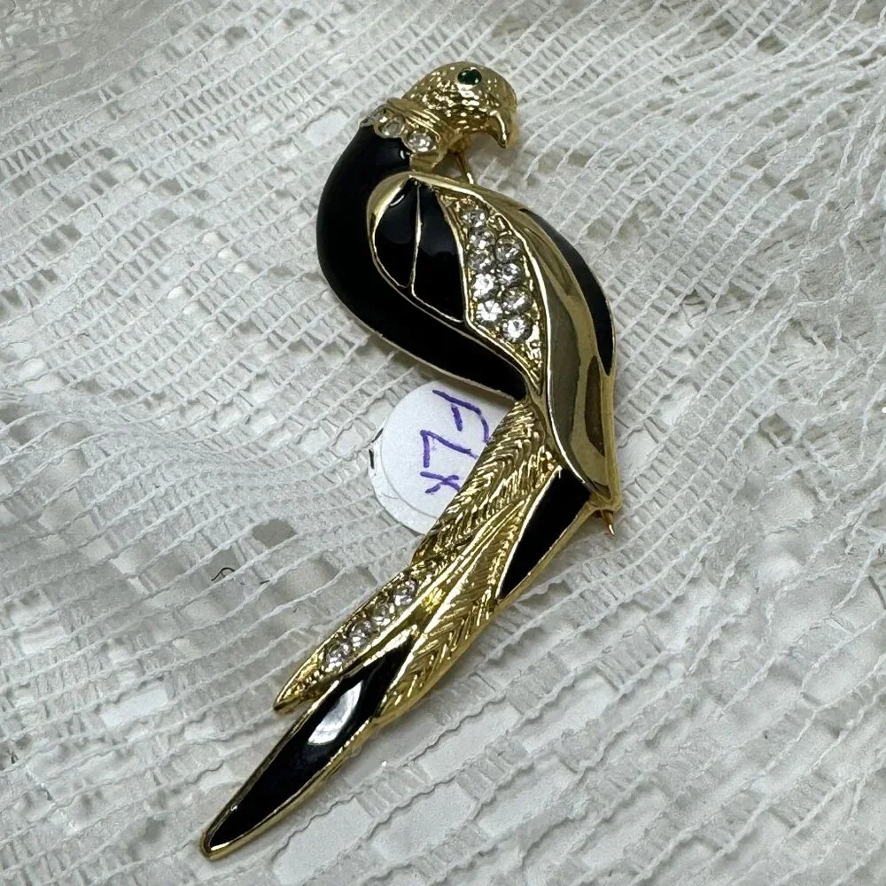 Vintage Gold-Tone Enamel & Rhinestone Parrot Brooch With Emerald Eye